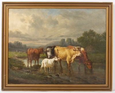 Lot 48 - Victor Emile Cartier (b.1811-d.1866), cattle watering in a stream joined by a goat