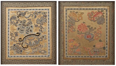 Lot 351 - Two framed embroideries Chinese each with kesi-...