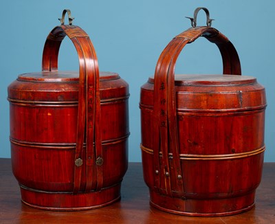 Lot 382 - A pair of red lacquered bamboo stacking canteens