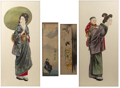 Lot 347 - Two pairs of watercolour studies Japanese...