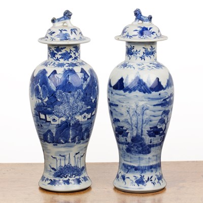 Lot 3 - Pair of blue and white vases and covers...