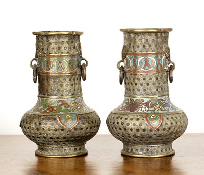 Lot 379 - Pair of archaic style bronze and cloisonné...