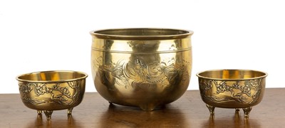 Lot 393 - Pair of engraved bronze bowls/censers Chinese...