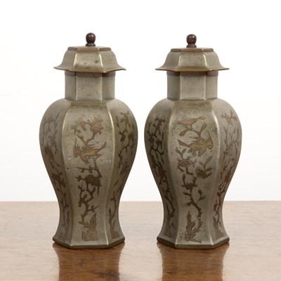 Lot 212 - Pair of hexagonal paktong vases and covers...