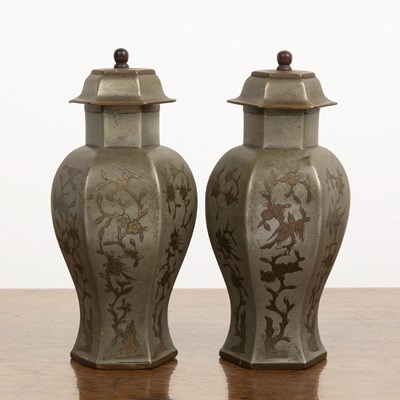 Lot 212 - Pair of hexagonal paktong vases and covers...