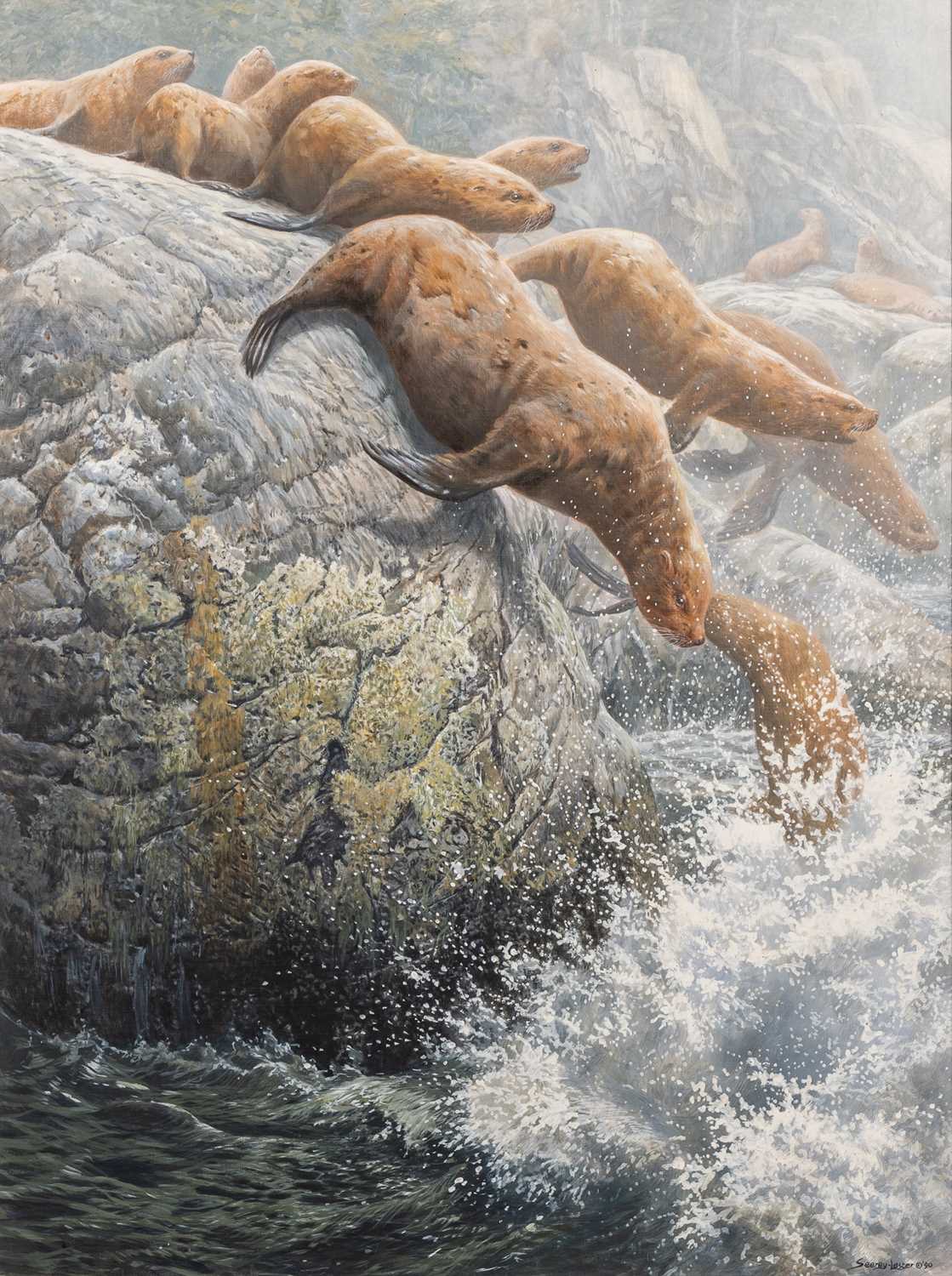 Lot 130 - John  Seerey-Lester (1945-2020), sea lions jumping off a rock