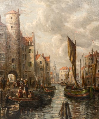 Lot 361 - A. Struan Robertson (19th/20th Century), a Continental town view with ships unloading