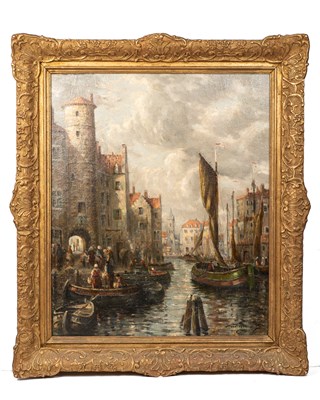 Lot 361 - A. Struan Robertson (19th/20th Century), a Continental town view with ships unloading
