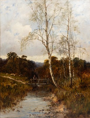 Lot 304 - Late 19th century British School, a man fishing on a bridge under a birch tree