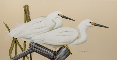 Lot 105 - Art Lamay, 20th century American School, two egrets perched on a stump