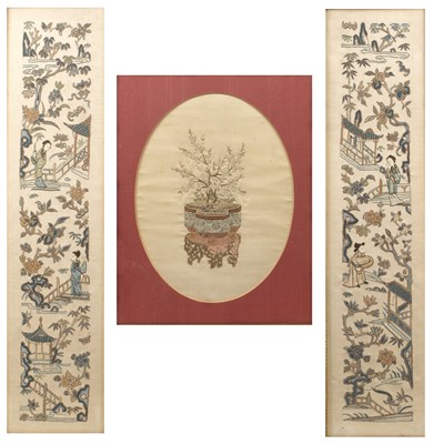 Lot 366 - Pair of embroidered panels Chinese with kesi...