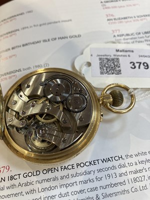 Lot 379 - An 18ct gold open face pocket watch, the white...