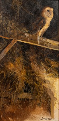Lot John Seerey-Lester (1945-2020), Barn Owl perched in the hay barn