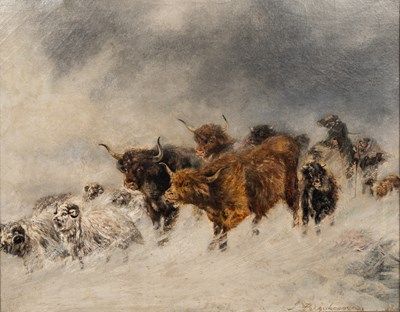 Lot 1004 - Joseph Farquharson (Scottish 1846-1935), Scottish herdsmen in a storm