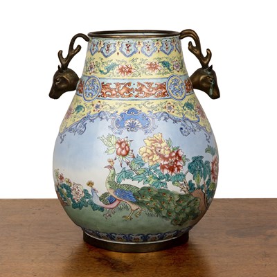 Lot 157 - Canton enamel vase with metal mounts Chinese...