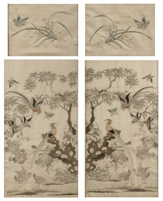 Lot 521 - Two pairs of silk embroidered panels Chinese...