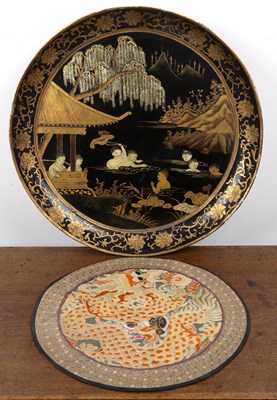 Lot 522 - Black lacquer circular tray Chinese painted...