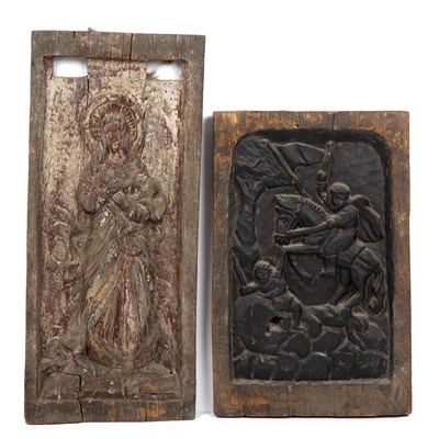 Lot 338 - Two antique carved wood panels, Christ and a...