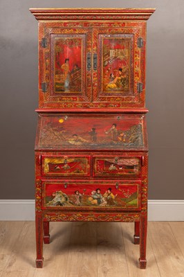 Lot 120 - A red lacquered Chinoiserie decorated bureau bookcase