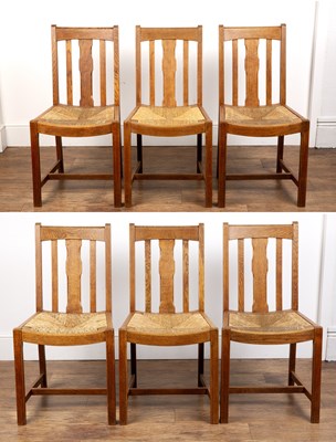 Lot 97 - Attributed to Heals oak, set of six chairs...