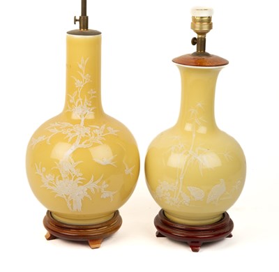 Lot 431 - Two yellow ground Chinese style porcelain table lamps