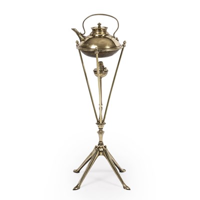 Lot 91 - An Arts and Crafts brass kettle on stand by...
