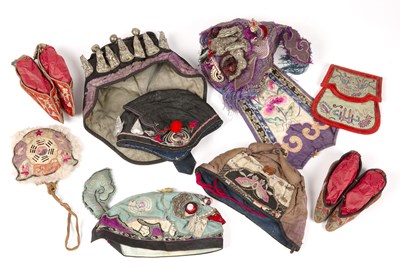 Lot 353 - Group of embroidered hats and shoes Chinese to...