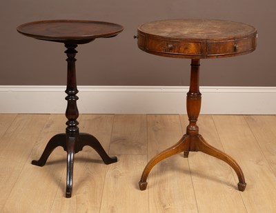 Lot 259 - An Edwardian mahogany occasional drum table together with a mahogany tilt-top tripod table