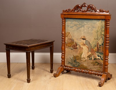 Lot 433 - A 19th century fire screen with a needlework panel together with a luggage rack