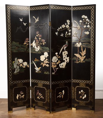 Lot 18 - Black lacquer and hardstone four-fold screen...