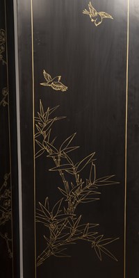 Lot 18 - Black lacquer and hardstone four-fold screen...