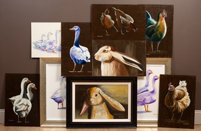 Lot 392 - Ricardo Earle, ten paintings of geese, chickens and rabbits