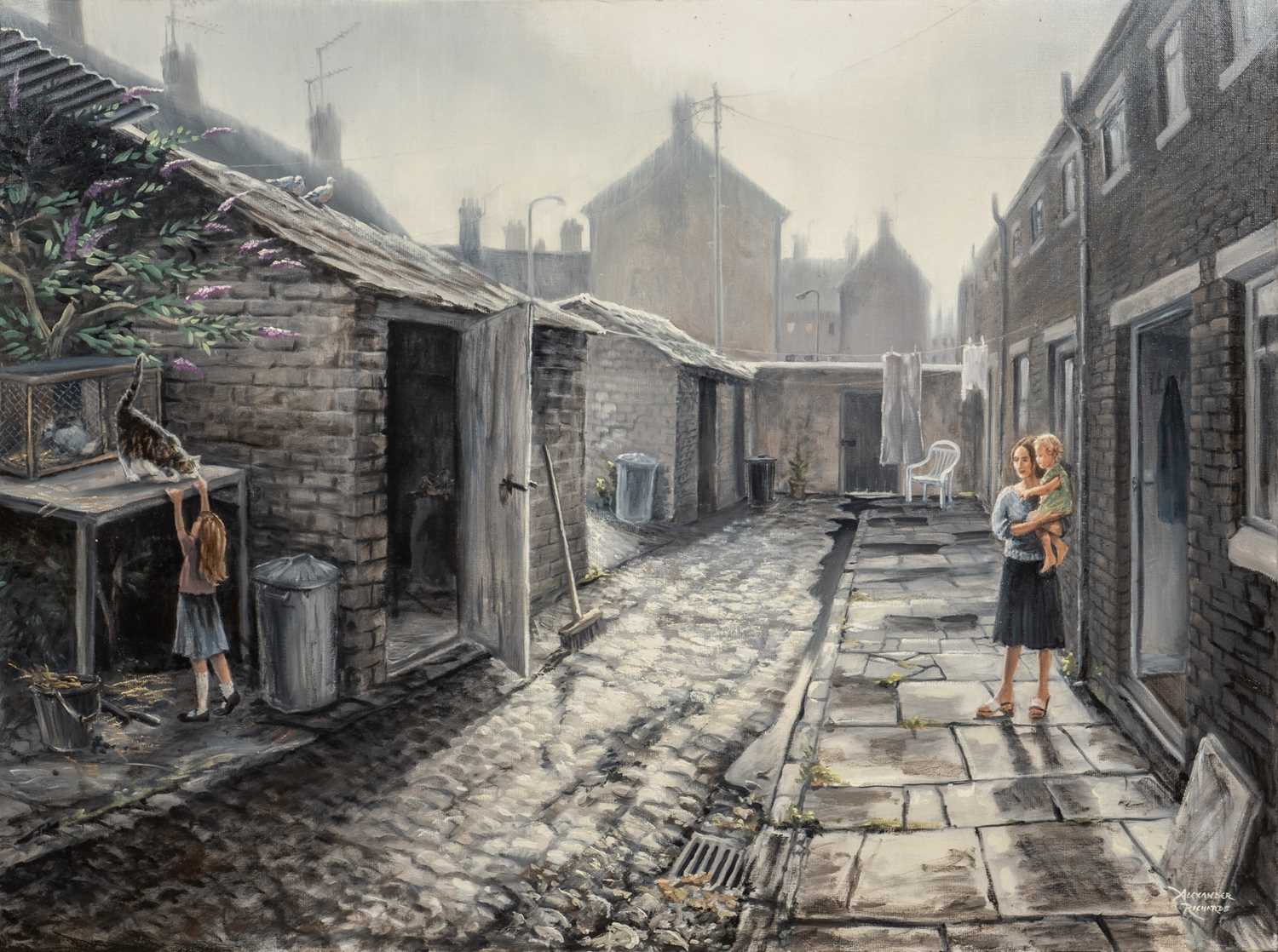 Lot 298 - Alexander Richards, a back alley scene with a cat