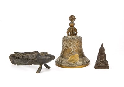 Lot 100 - A Tibetan gilt bronze prayer bell 10cm wide...