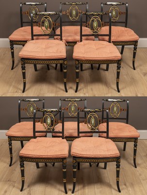 Lot 407 - A set of ten ebonised Regency style dining chairs