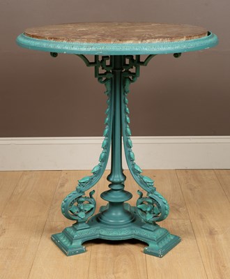 Lot 319 - A classically styled cast iron circular table with a marble inset top