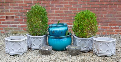 Lot 1218 - Two turquoise glazed planters, two old marble mortars, and four Gothic style planters