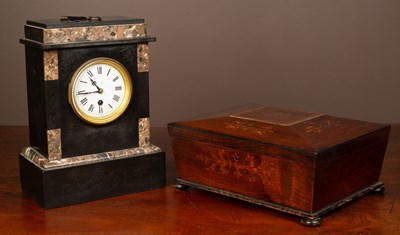 Lot 347 - A slate mantel clock together with a rosewood tea caddy