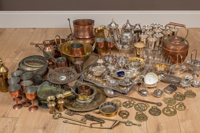 Lot 405 - A large collection of plated silverware together with a large collection of copper and brass wares