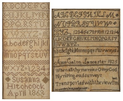 Lot 108 - Two alphabet samplers 19th Century, one worked...