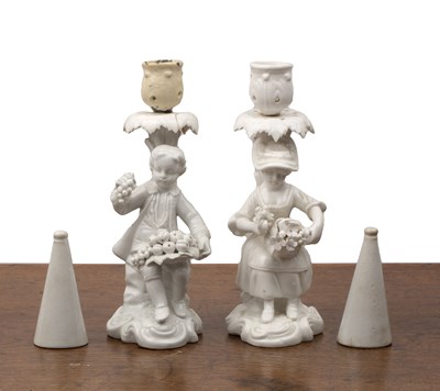 Lot 233 - Pair of Derby porcelain figural candlesticks...