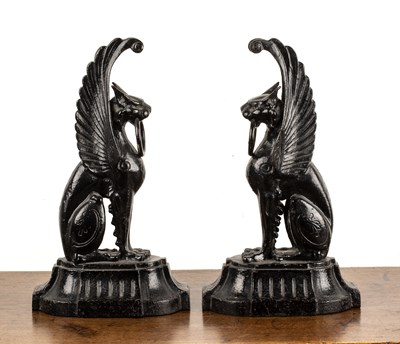 Lot 13 - Pair of painted cast iron griffins andirons or...