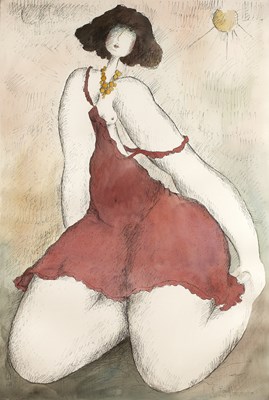 Lot 261 - Michel Boulet (b.1938) 'Lady in red', pen and...