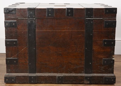 Lot 1 - Heavy oak and iron-bound silver trunk with a...
