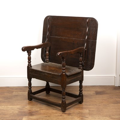Lot 31 - Oak tip up table/hall chair 17th Century style,...
