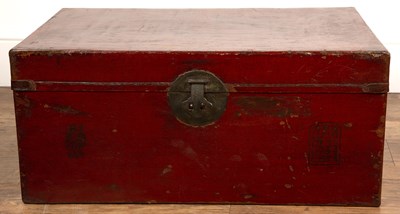 Lot 26 - Red lacquer pillow box and a similar trunk...