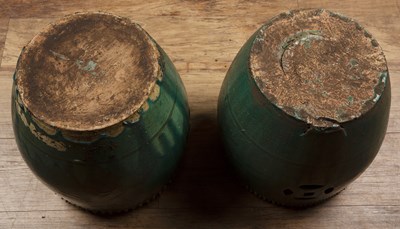 Lot 30 - Pair of green glazed conservatory barrels...