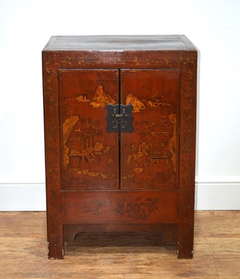 Lot 34 - Red lacquer side cupboard Chinese, with figure...