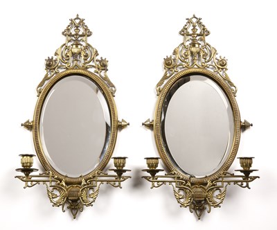 Lot 46 - Pair of gilt brass girandole wall mirrors each...