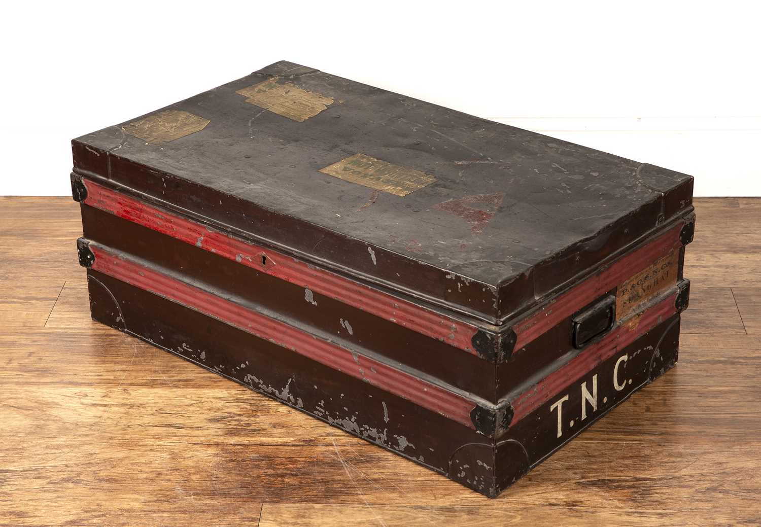 Lot 93 - Old tin trunk 1930s with labels P and O.S.N.Co...